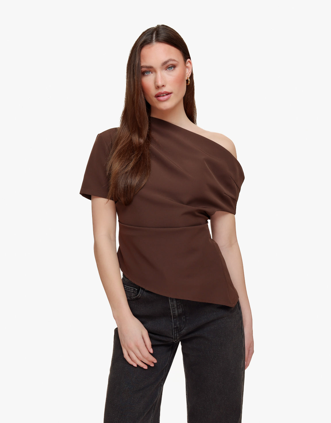 Dark Brown Draped Off Shoulder SS - Top | Olivia & Kate - Olivia