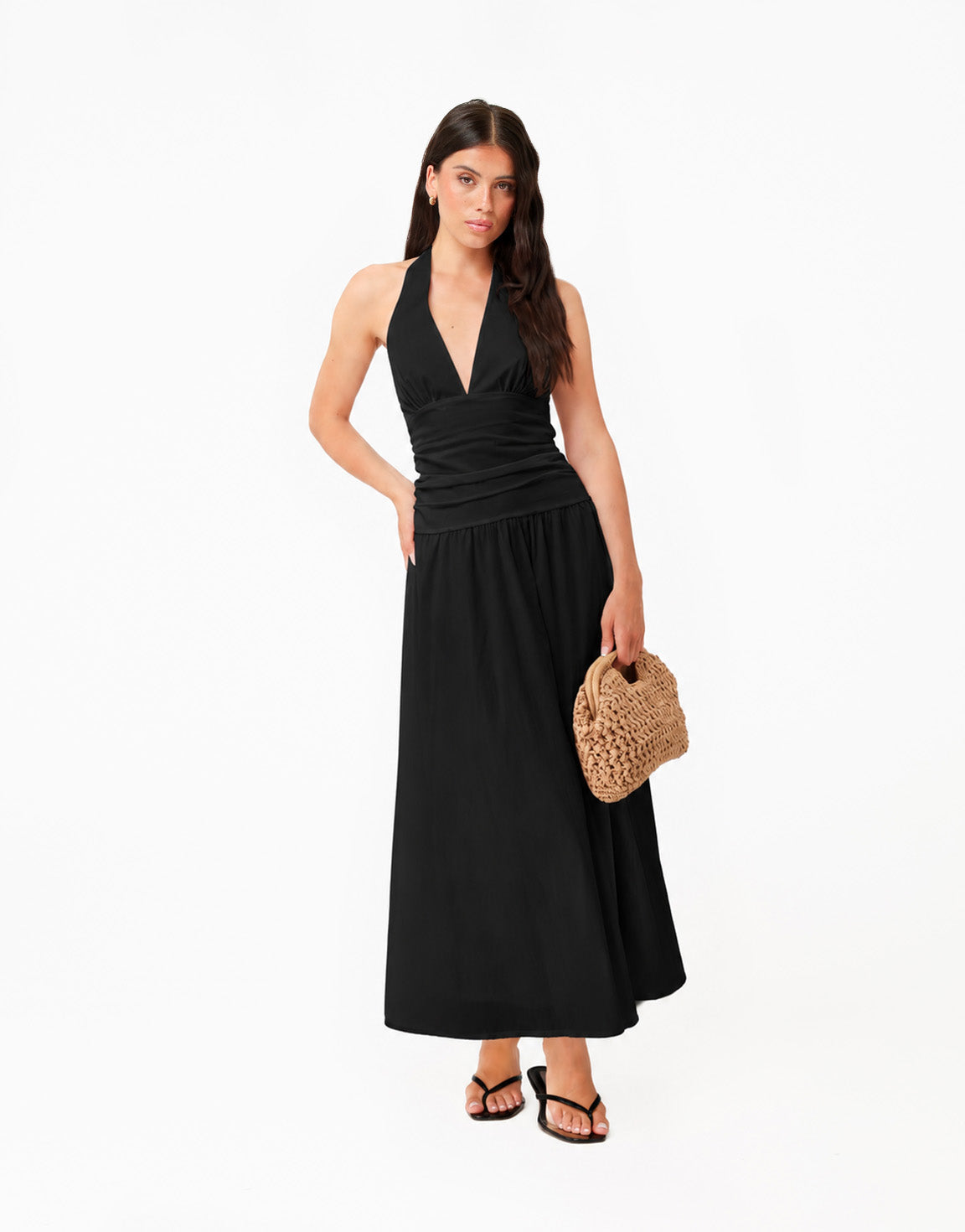 Zwarte Halter V-hals Maxi - Jurk