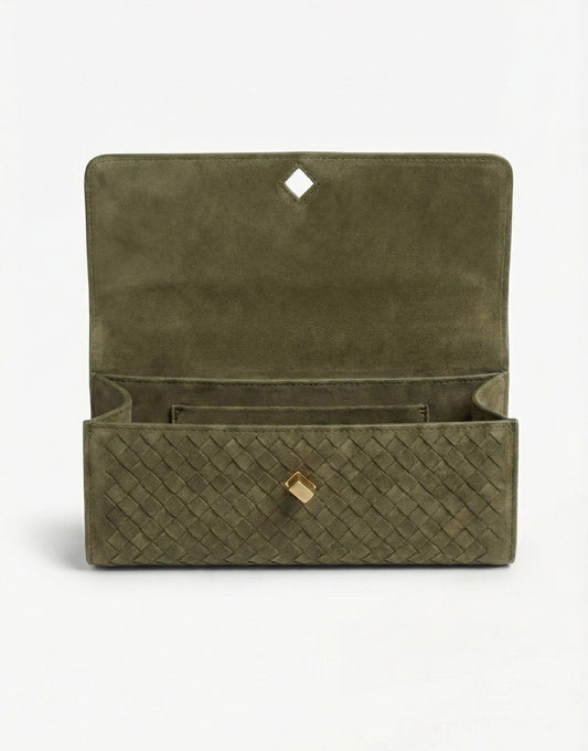 Army Green Suede Gold Detail Clutch - Bag - Olivia & Kate