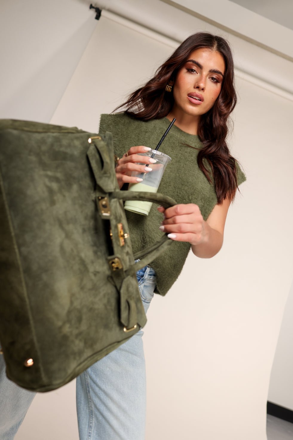 Army Groene Suede Grote Gouden Detail - Tas - Olivia & Kate