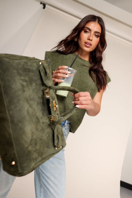 Army Groene Suede Grote Gouden Detail - Tas - Olivia & Kate