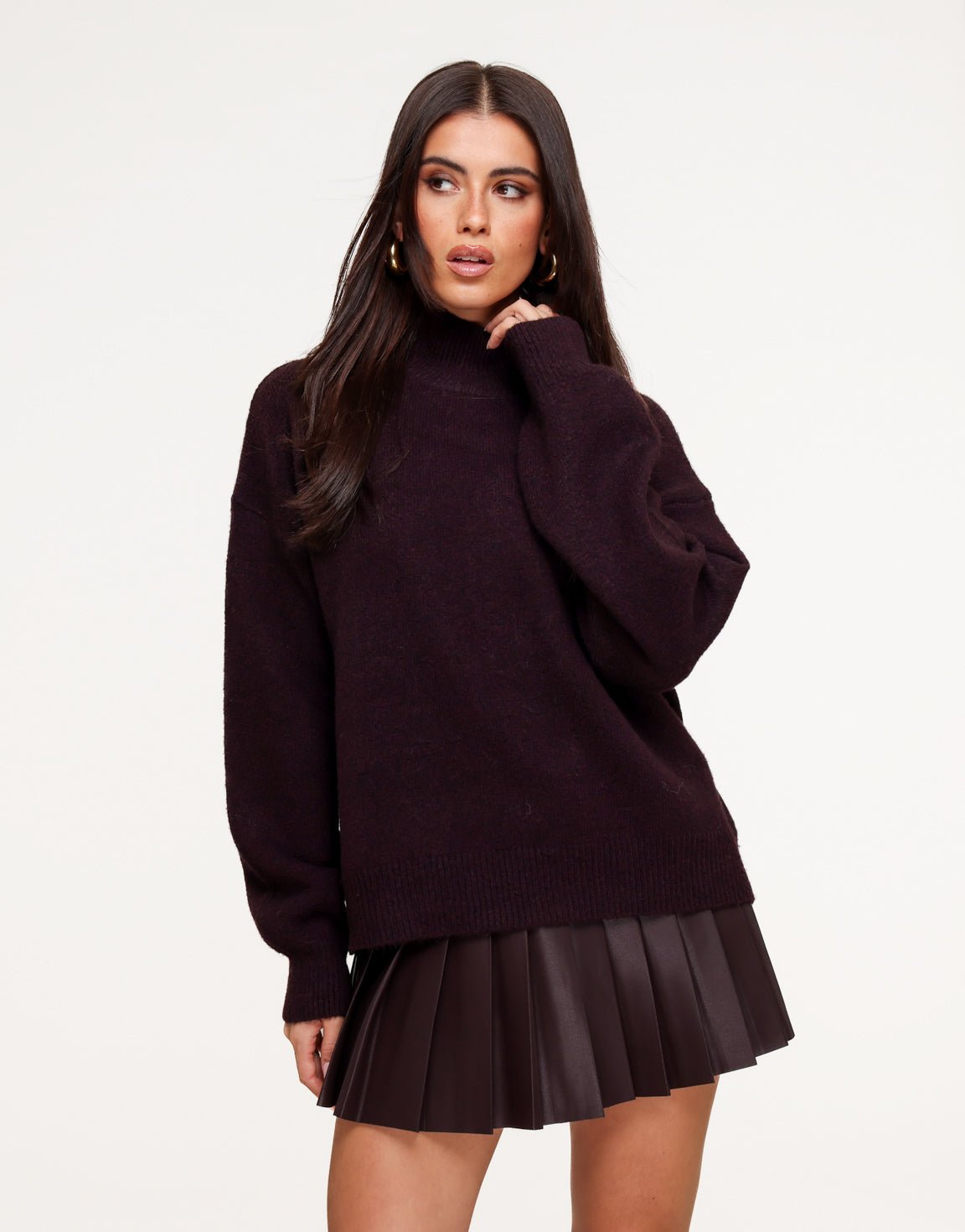 Aubergine Gebreide Hoge Hals Ballonmouwen - Trui - Olivia & Kate