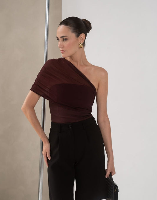 Aubergine Gedrapeerde Mesh One Shoulder - Top - Olivia & Kate