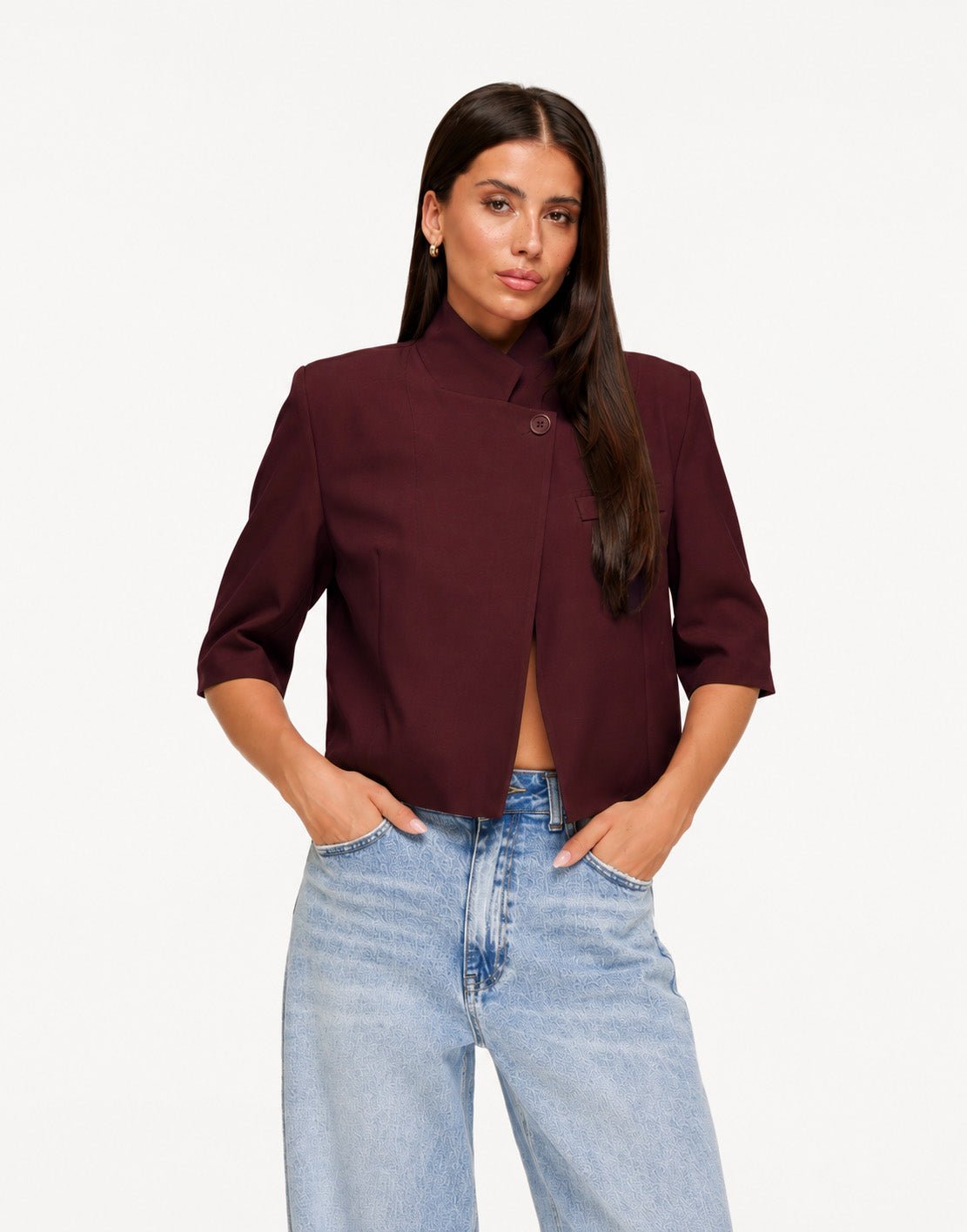 Aubergine Hoge Knoop Split Cropped - Blazer - Olivia & Kate