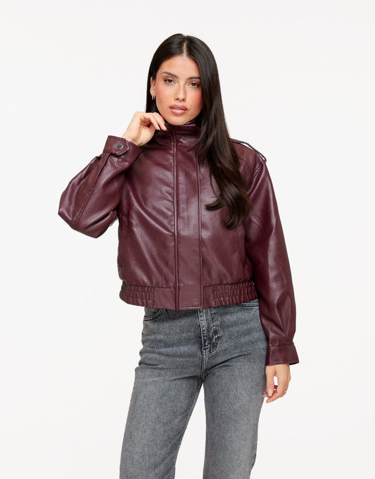 Aubergine PU Leren Hoge Kraag Bomber - Jas - Olivia & Kate