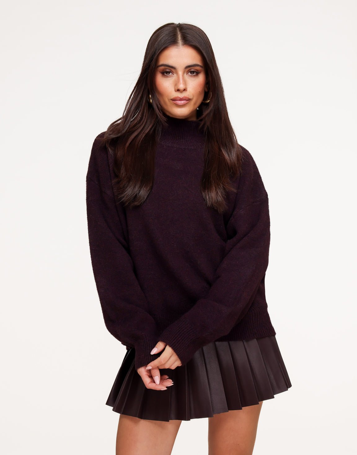 Aubergine PU Leren Plooien - Rok - Olivia & Kate