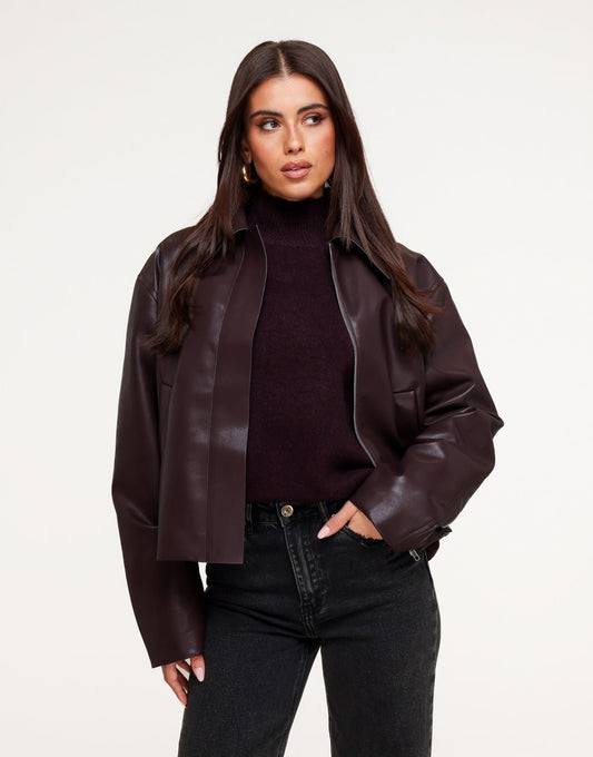 Aubergine PU Leren Rechte - Jas - Olivia & Kate