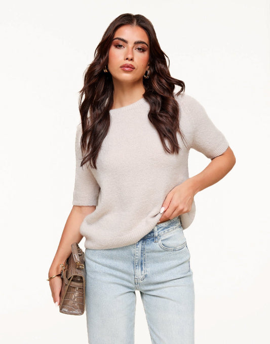 Beige Basic Fluffy SS - Top - Olivia & Kate