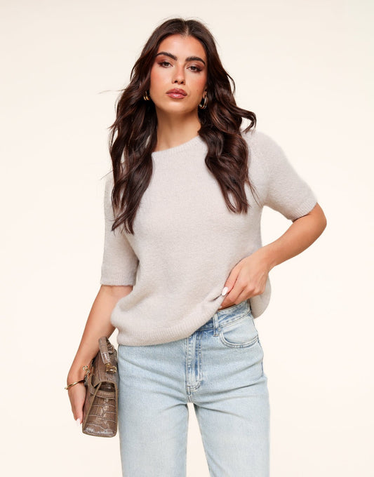 Beige Basic Fluffy SS - Top - Olivia & Kate