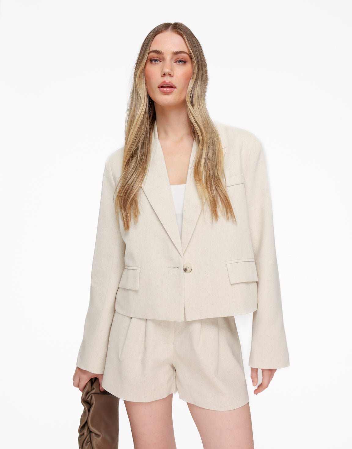 Beige Classic Linnen Blend Cropped - Blazer - Olivia & Kate
