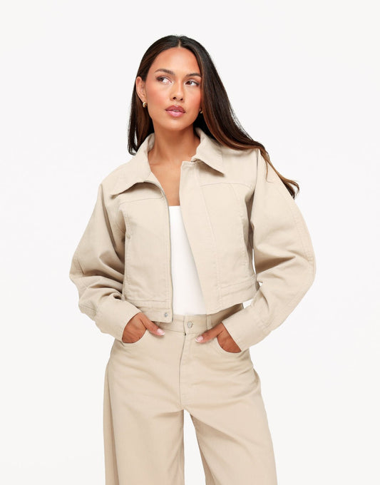 Beige Denim Ballonmouwen Wijde - Set - Olivia & Kate