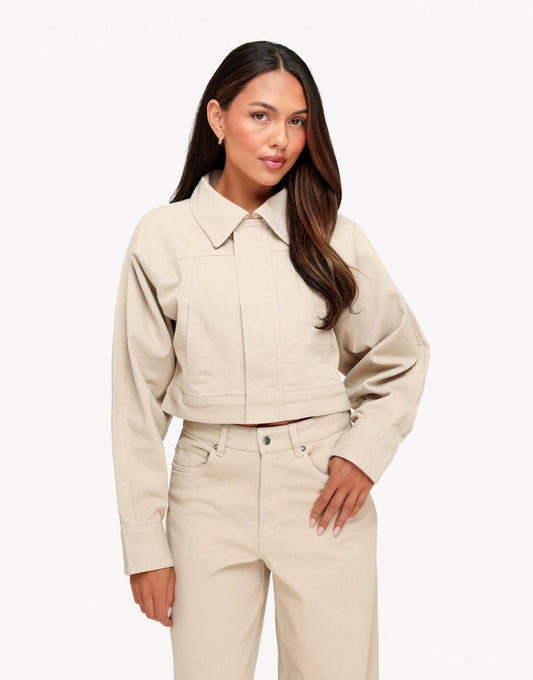 Beige Denim Ballonmouwen Wijde - Set - Olivia & Kate
