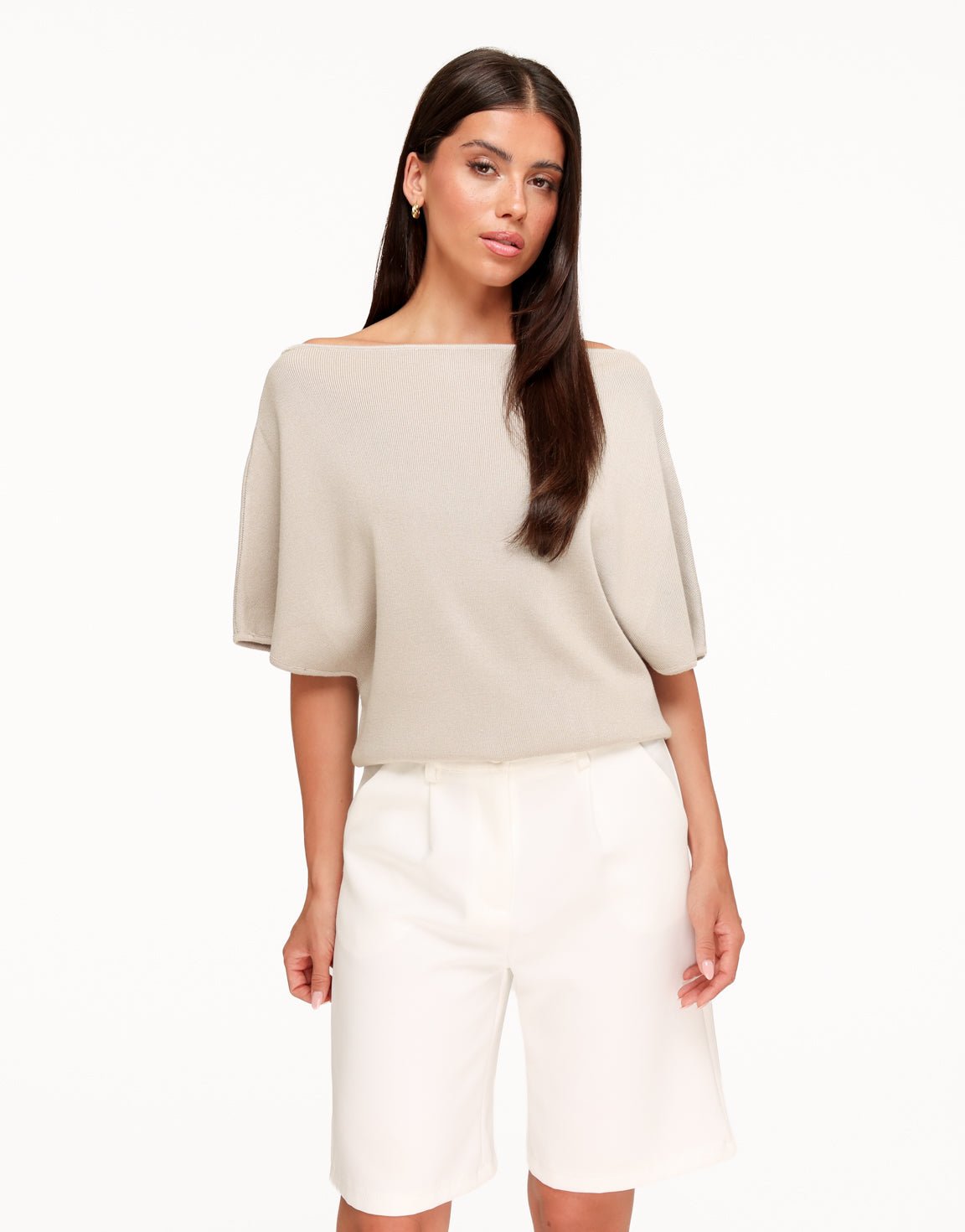 Beige Gebreide Off Shoulder - Trui - Olivia & Kate