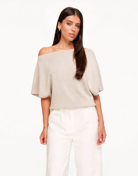 Beige Gebreide Off Shoulder - Trui - Olivia & Kate