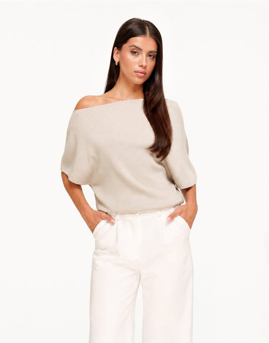 Beige Gebreide Off Shoulder - Trui - Olivia & Kate