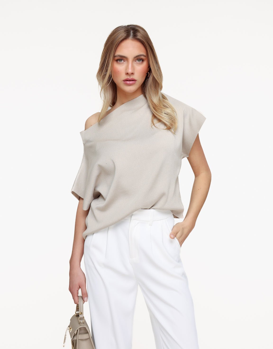 Beige Gebreide One Shoulder - Top - Olivia & Kate