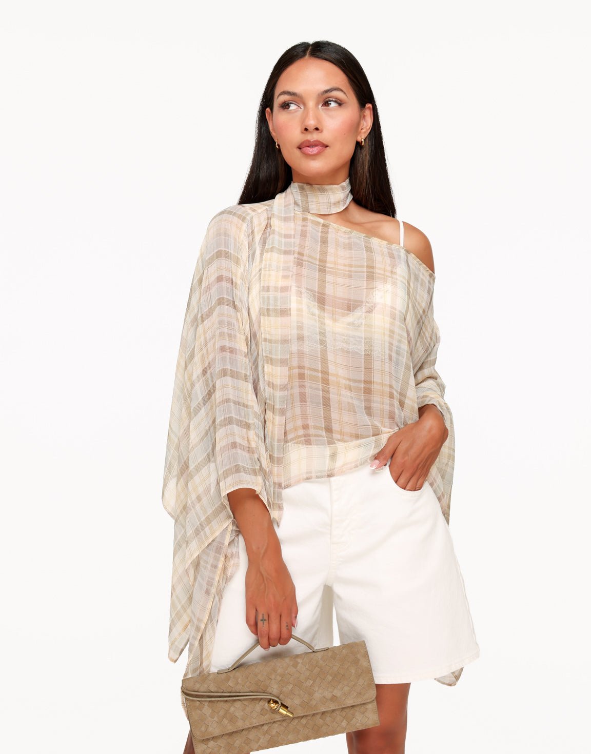Beige Geruiten Schuine Hals - Top - Olivia & Kate