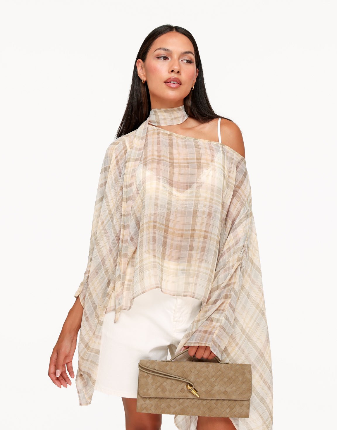 Beige Geruiten Schuine Hals - Top - Olivia & Kate