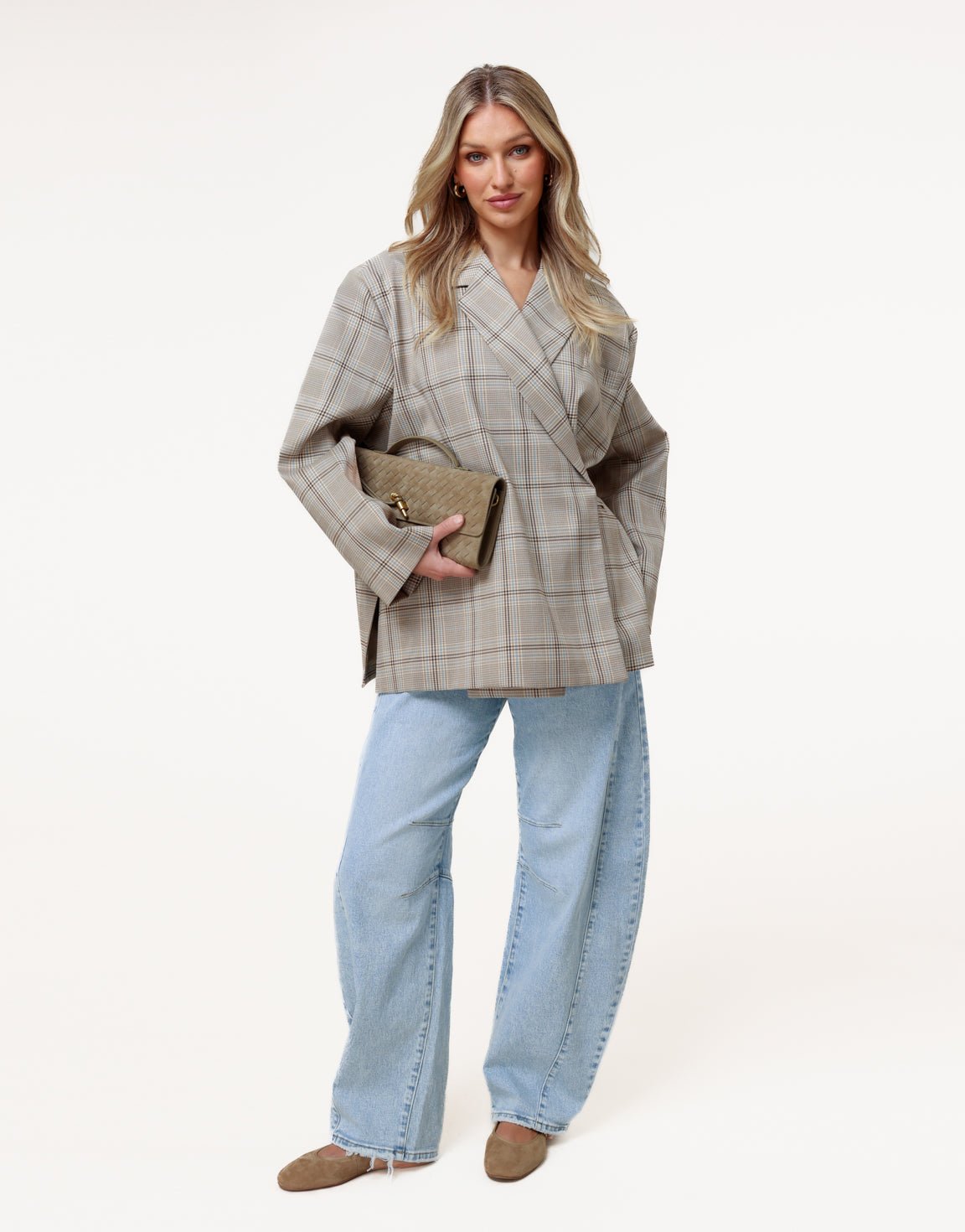 Beige Geruiten Schuine Kraag - Blazer - Olivia & Kate