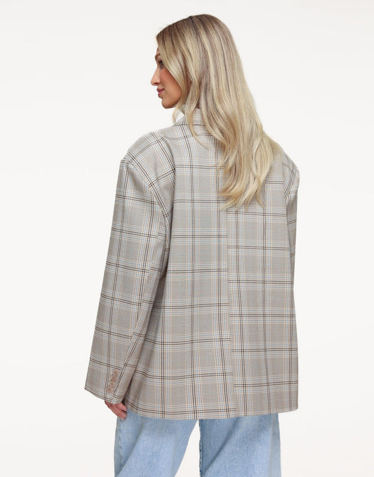 Beige Geruiten Schuine Kraag - Blazer - Olivia & Kate