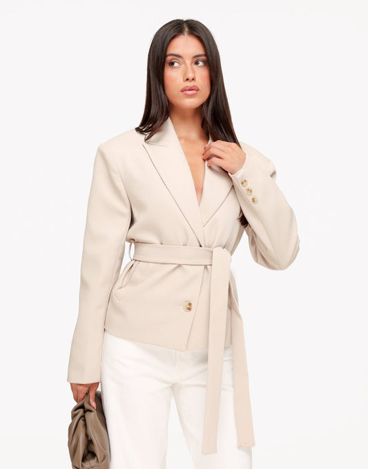 Beige Hoge Kraag Cropped - Blazer - Olivia & Kate