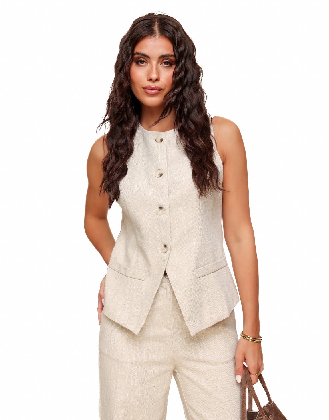 Beige Linnen Hoge Knopen Gilet - Set - Olivia & Kate