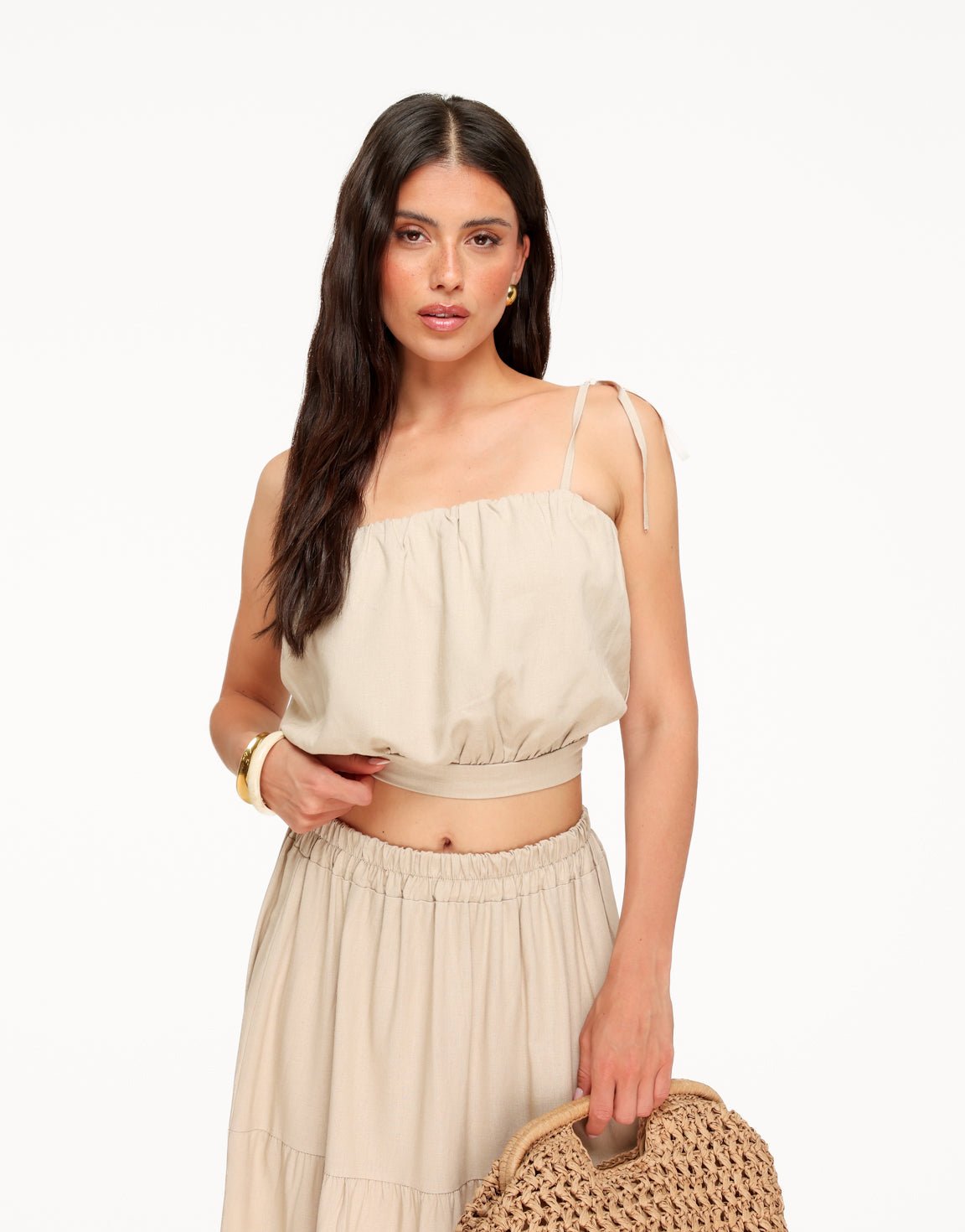 Beige Linnen Mouwloze Cropped Wijde Maxi - Set - Olivia & Kate