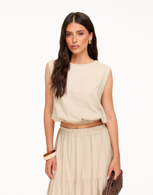 Beige Linnen Mouwloze - Top - Olivia & Kate