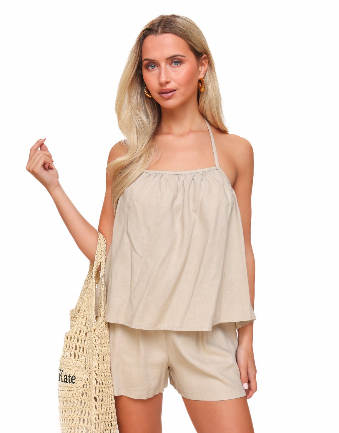 Beige Linnen Open Rug Halter - Top - Olivia & Kate