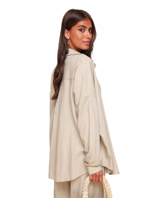 Beige Linnen Oversized - Blouse - Olivia & Kate
