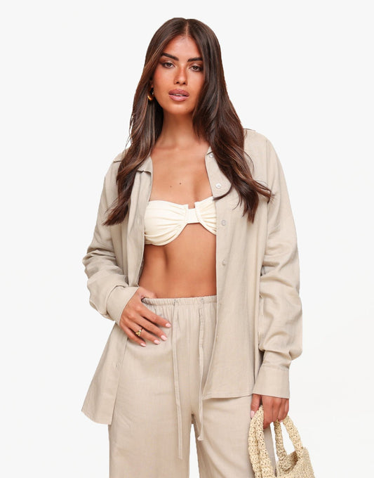 Beige Linnen Oversized - Blouse - Olivia & Kate