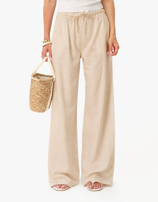 Beige Linnen Wijde Elastische Band - Broek - Olivia & Kate
