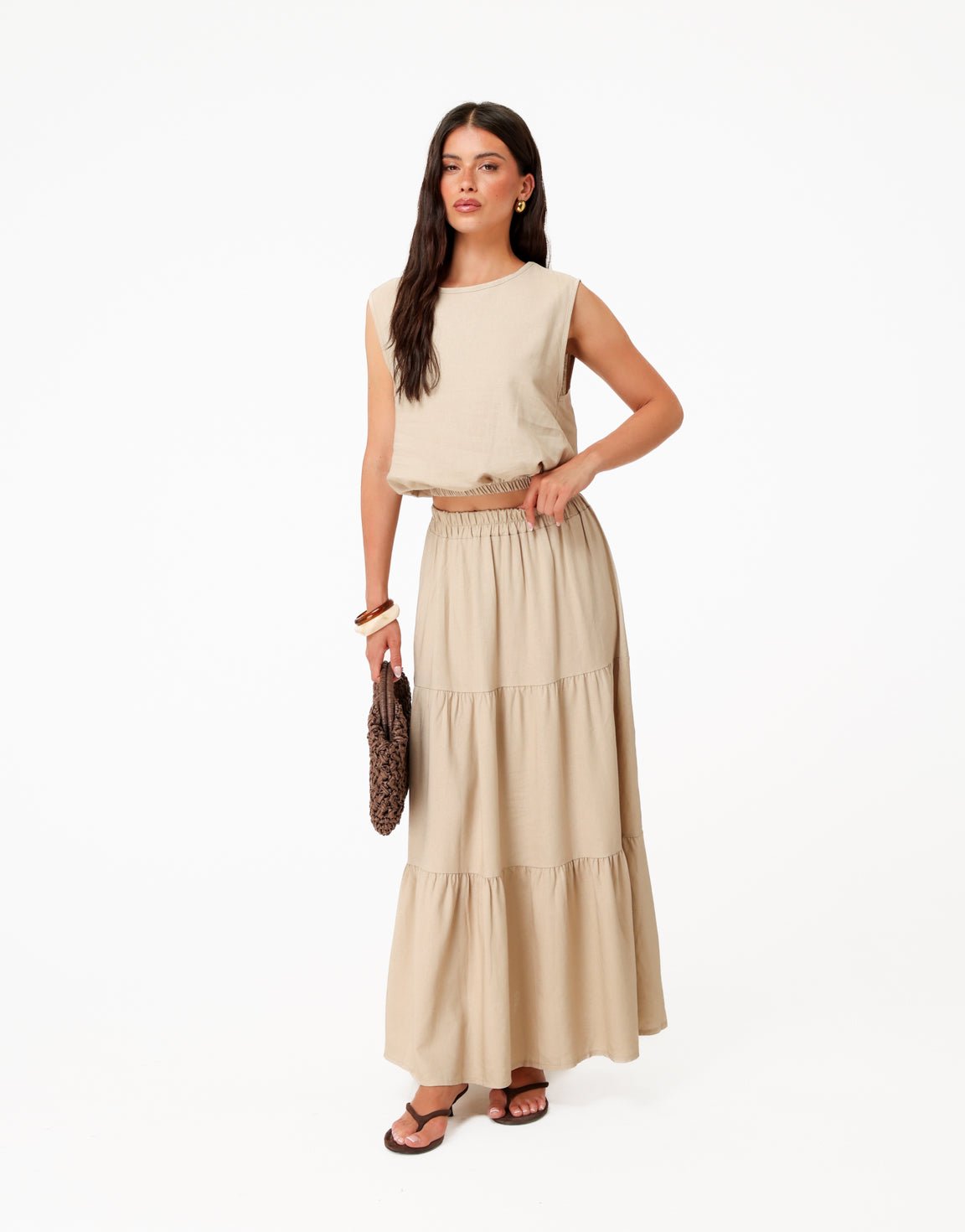 Beige Linnen Wijde Maxi - Rok - Olivia & Kate