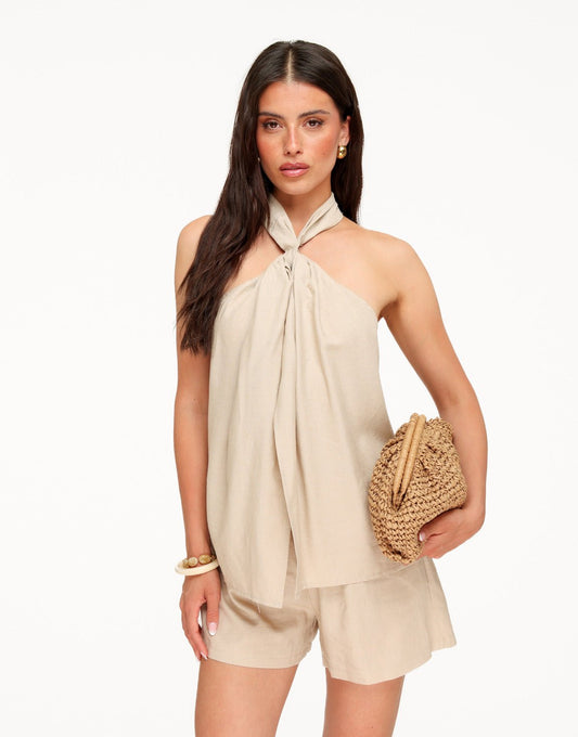Beige Mouwloze Linnen Halter - Set - Olivia & Kate
