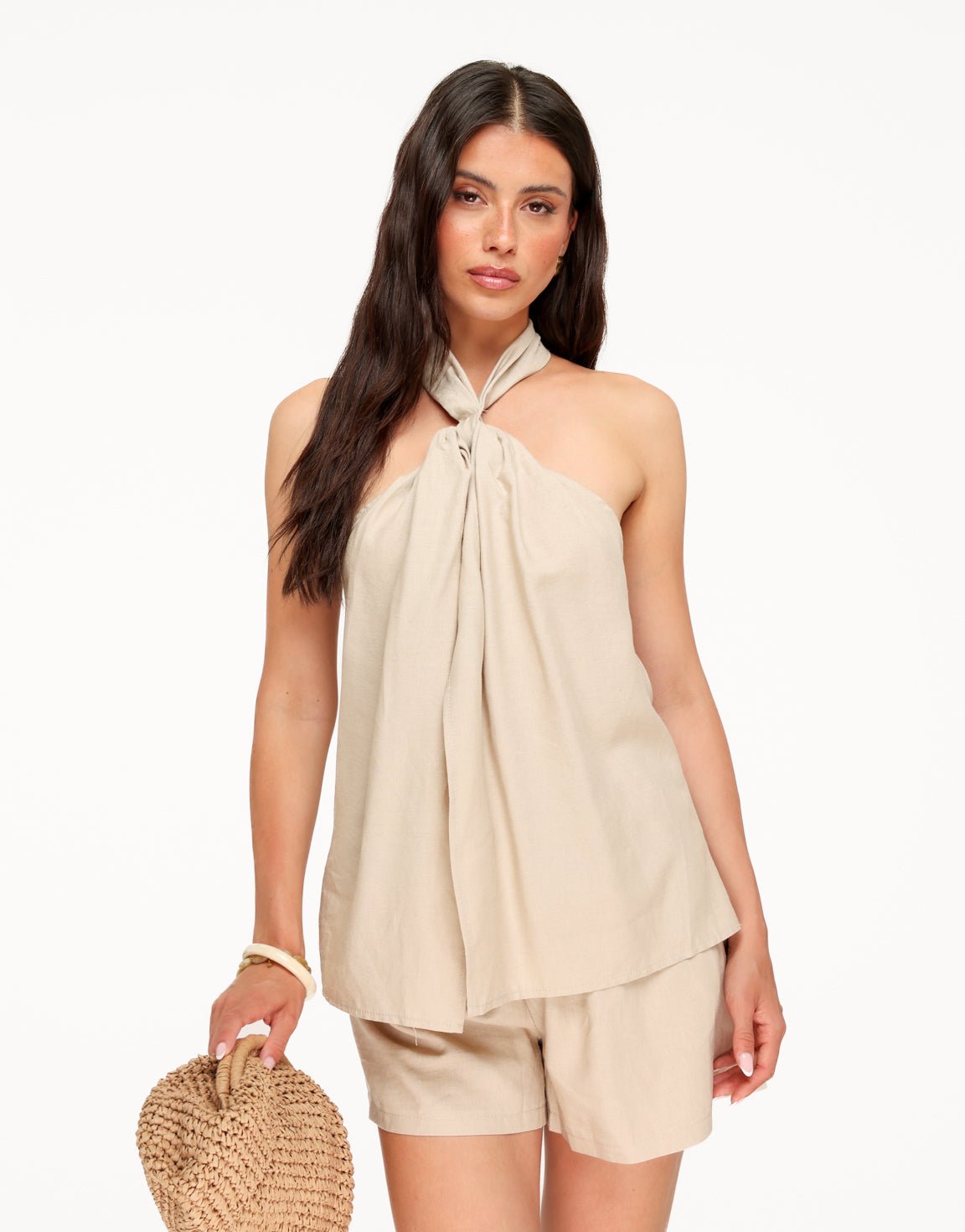 Beige Mouwloze Linnen Halter - Top - Olivia & Kate