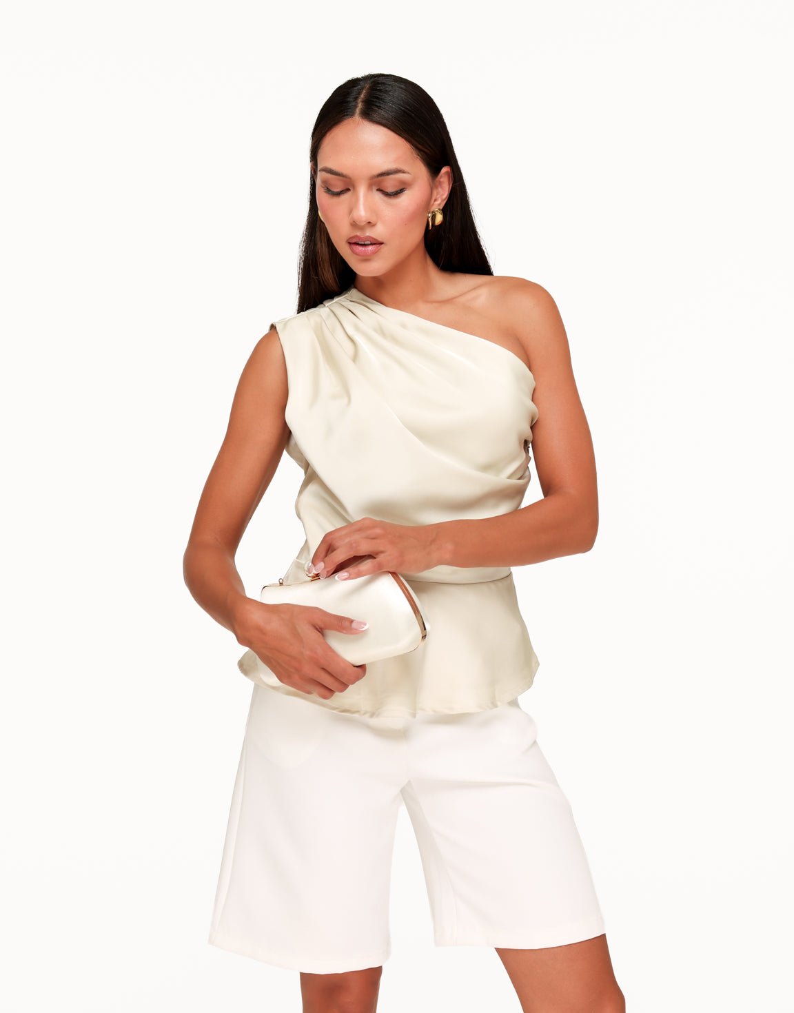 Beige One Shoulder Flowy Onderkant - Top - Olivia & Kate