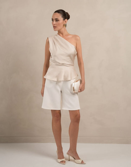 Beige One Shoulder Flowy Onderkant - Top - Olivia & Kate