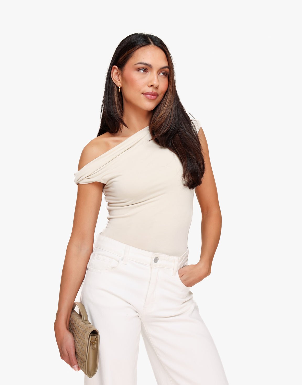 Beige One Shoulder Mouwloze - Top - Olivia & Kate