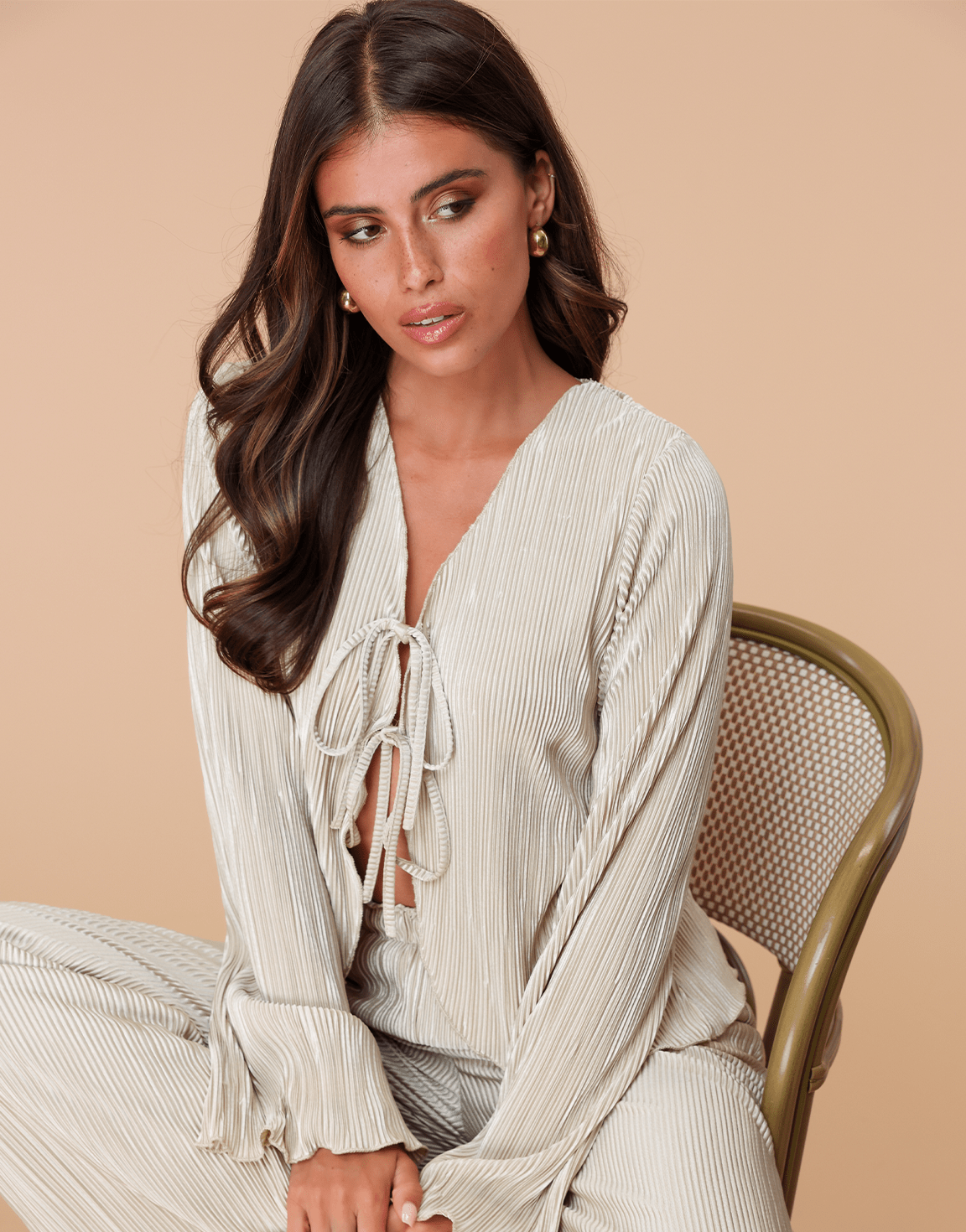 Beige Plisse Wijde - Broek - Olivia & Kate