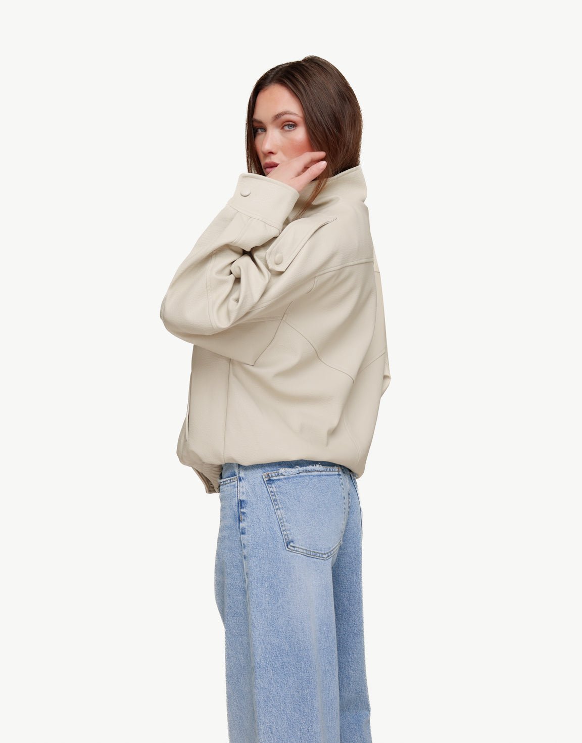 Beige PU Leren Hoge Kraag - Jas - Olivia & Kate
