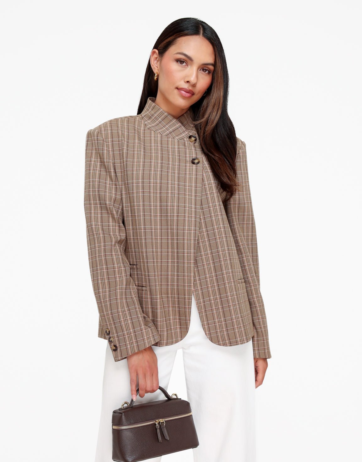 Beige Ruiten Hoge Knopen Split - Blazer - Olivia & Kate