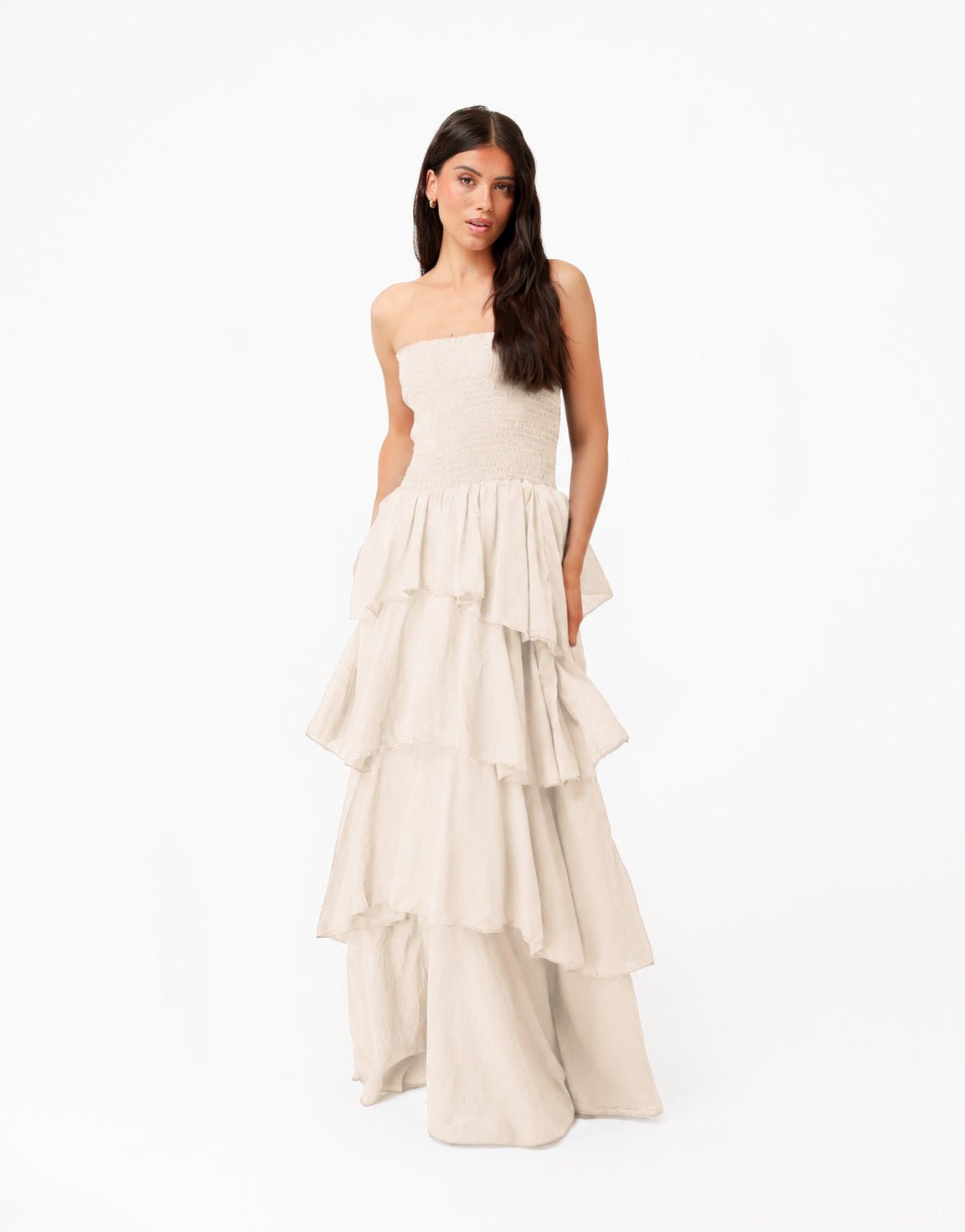 Beige Strapless Lange Maxi Ruffel - Jurk - Olivia & Kate