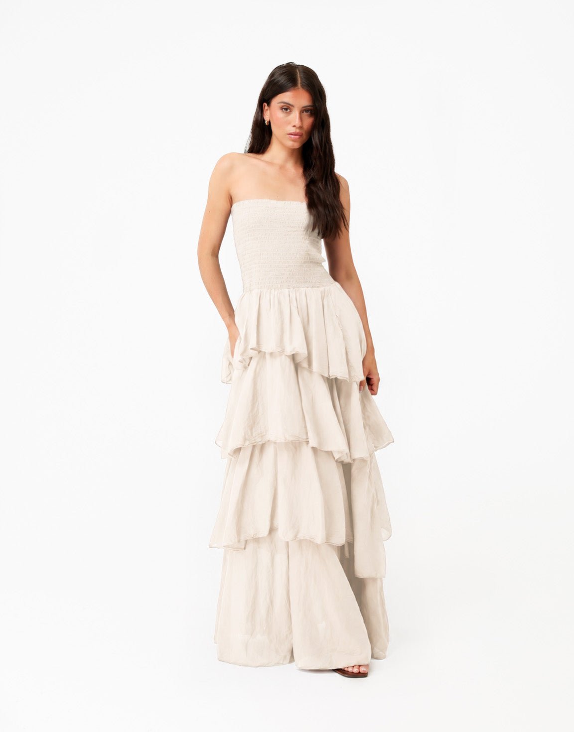 Beige Strapless Lange Maxi Ruffel - Jurk - Olivia & Kate