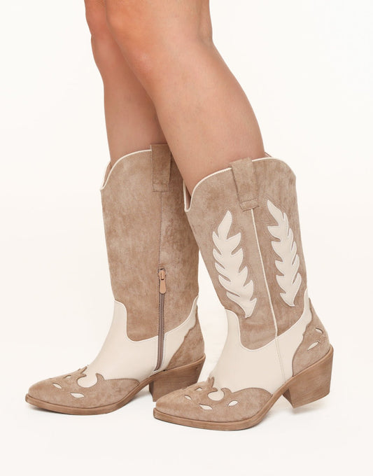 Beige Suede Detail Cowboy - Laarzen - Olivia & Kate