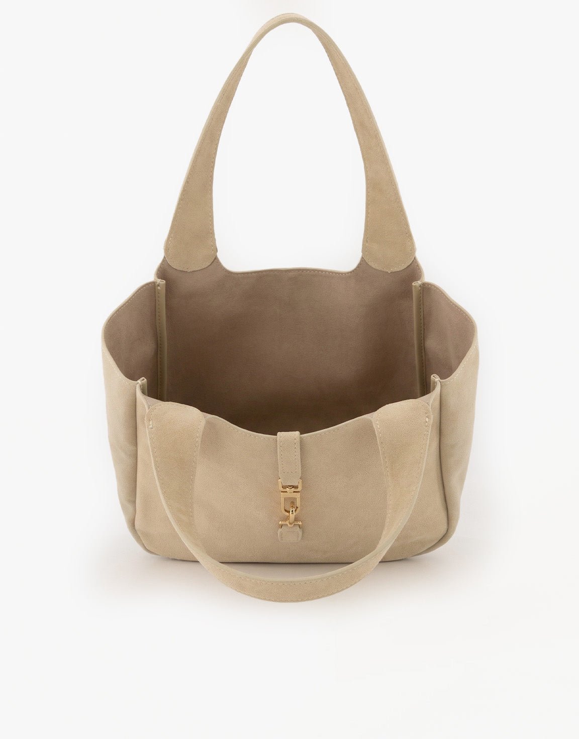 Beige Suede Gouden Detail Langwerpige - Tas - Olivia & Kate