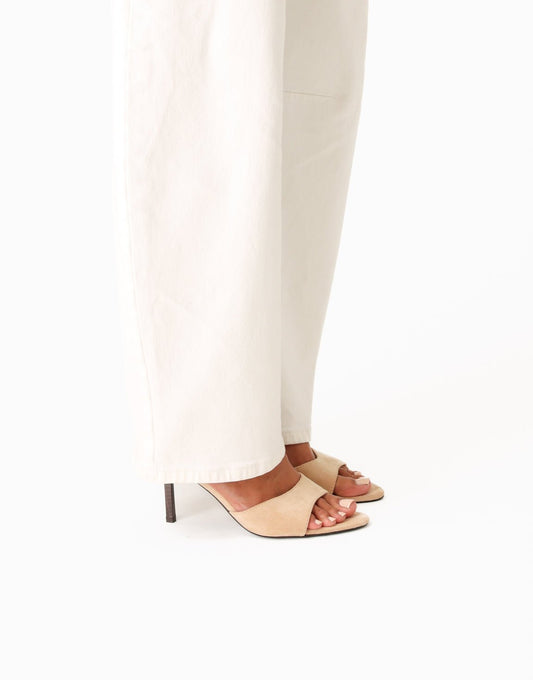 Beige Suede Open Teen Spits - Hakken - Olivia & Kate