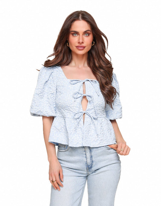 Blauwe Bloemen Strikjes Pofmouwen SS - Top - Olivia & Kate