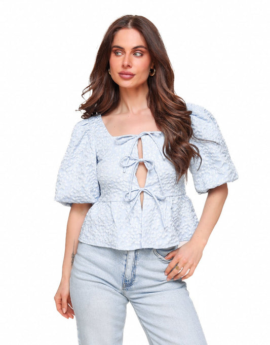 Blauwe Bloemen Strikjes Pofmouwen SS - Top - Olivia & Kate