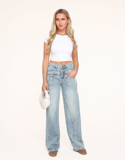 CLOTHING-BLUE-DOUBLE-LOOK-DENIMS-JEANS-WHITE-CROPPED-SHORT-SLEEVES-TOP-WHITE-BRAIDED-BAG