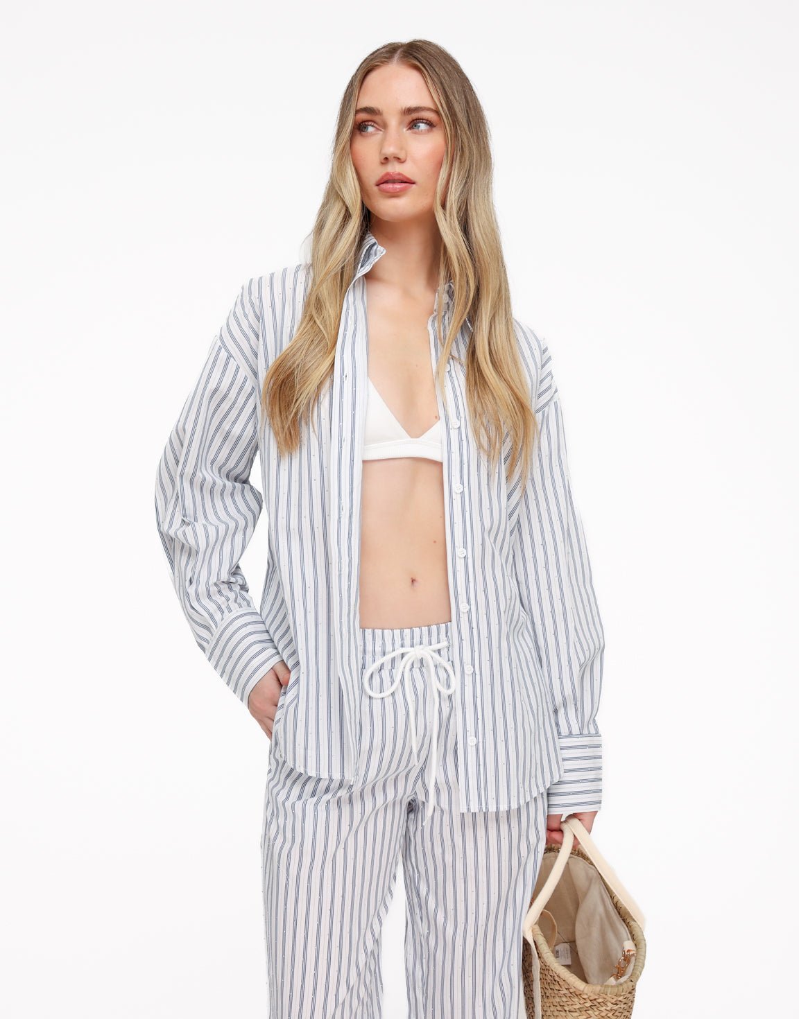 Blauwe Gestreepte Oversized Strass Steentjes - Blouse - Olivia & Kate